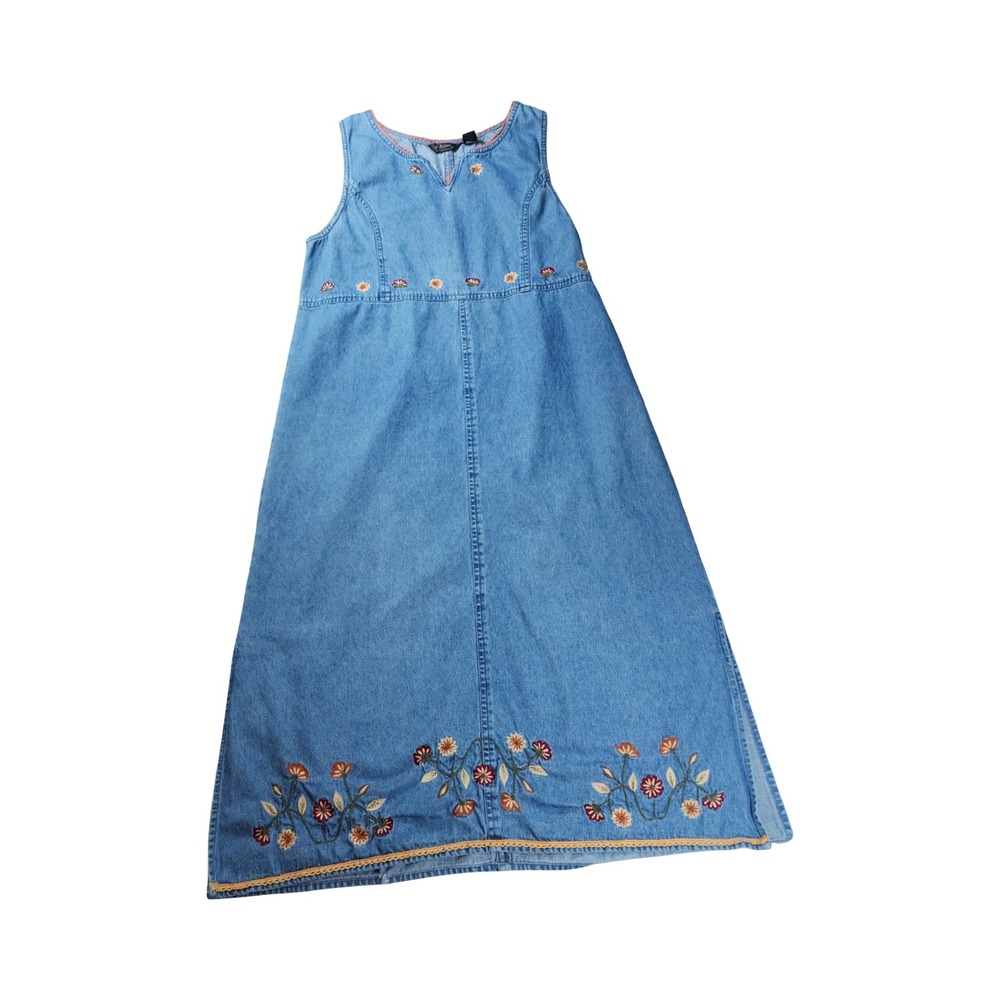 Vintage Agapo Collection Womens Medium Blue Denim Floral Embroidered Maxi Dress